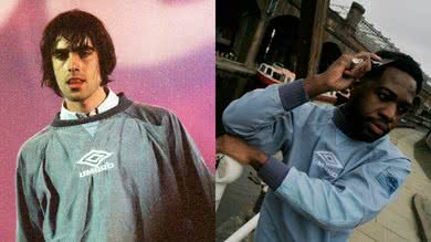 Liam Gallagher em 1996 durante show do Oasis e nova coleção da Umbro - Fotos: Pete Still/Redferns e Umbro